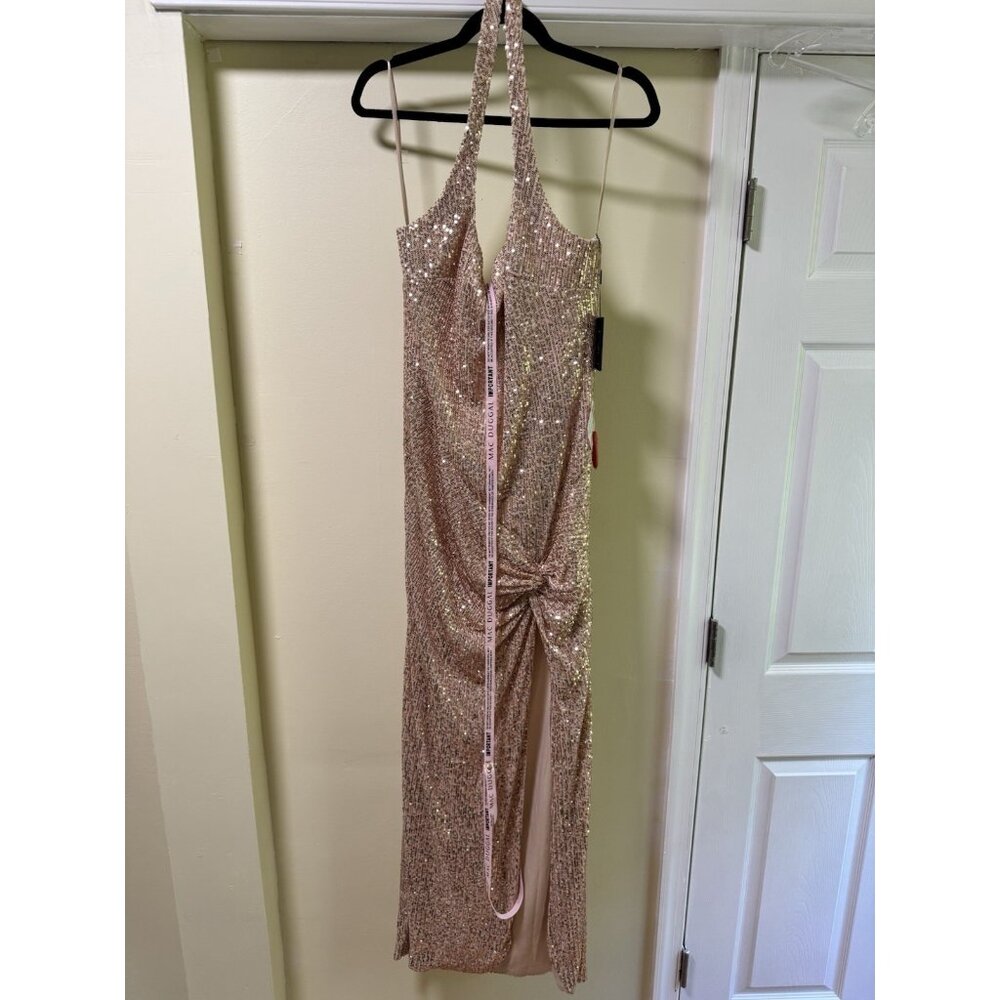 Mac Duggal Size 10 Rose Gold 11279 Sequin Halter Formal Gown Dress Prom Cocktail
